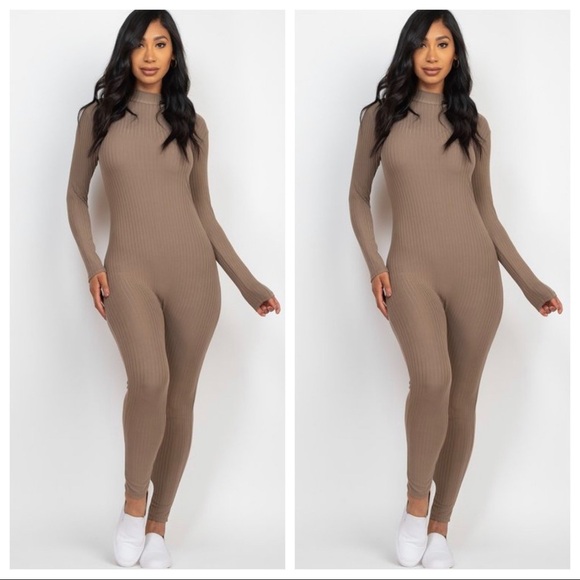 NEW FALL TRENDY TAUPE RIBBED MOCK NECK LONG SLEEVE JUMPSUIT ROMPER - Picture 1 of 1